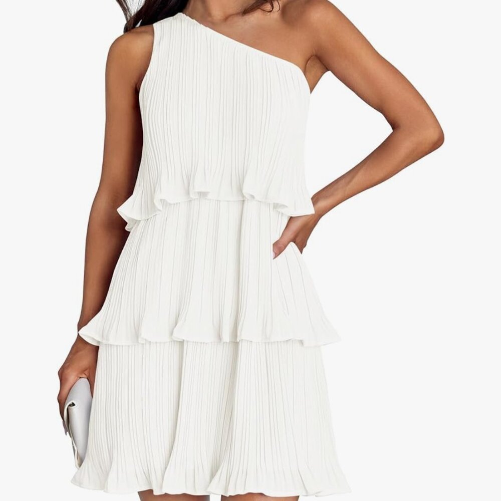 Mini Dress One Shoulder Ruffle Tiered Layered Chiffon Flowy A Line- WORN ONCE